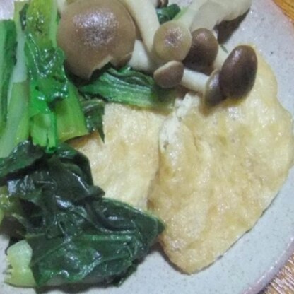 新鮮な小松菜を使いたくて
厚揚げなくて、薄揚げでつくりました。
穏やかなお味の煮びたし、美味しくいただきました♪
ごちそうさま！！